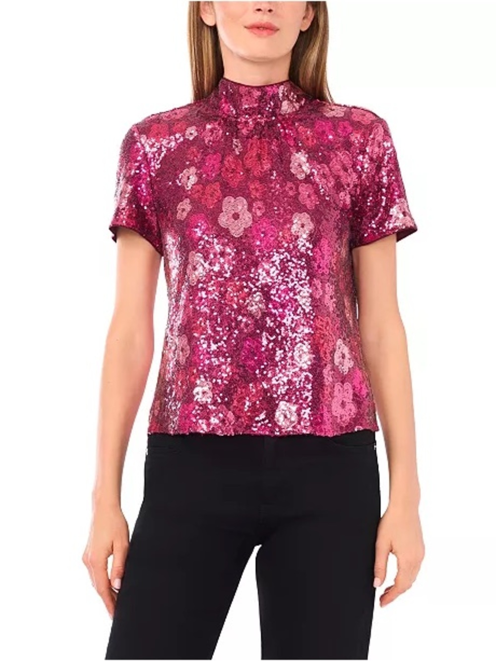 Cece Short Sleeves Mock Neck Sequin Top